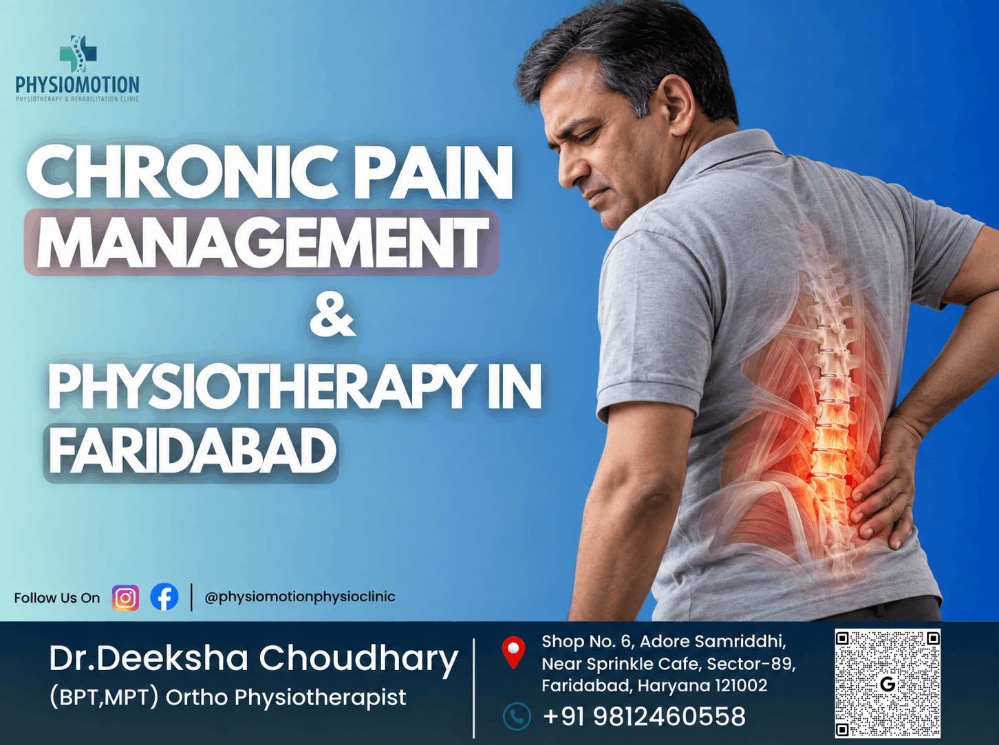 Man experiencing persistent lower back pain representing chronic pain management and physiotherapy at PHYSIOMOTION in Faridabad