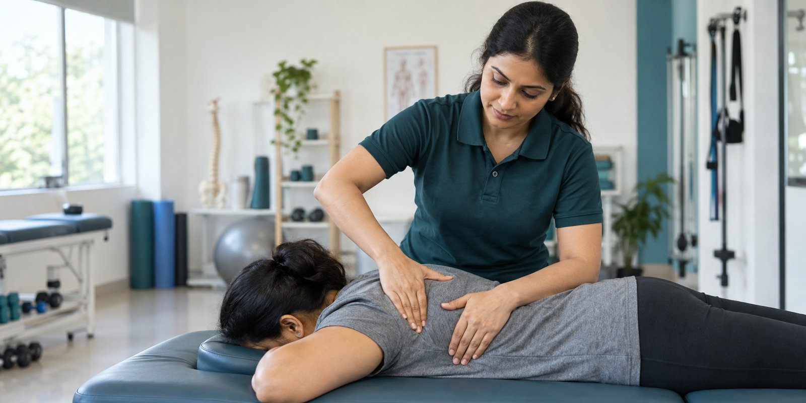 Physiotherapist providing manual therapy for upper back pain at a physiotherapy clinic in Faridabad
