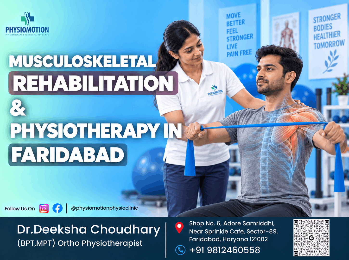 Physiotherapist guiding a patient through resistance band exercises during musculoskeletal rehabilitation at PHYSIOMOTION in Faridabad
