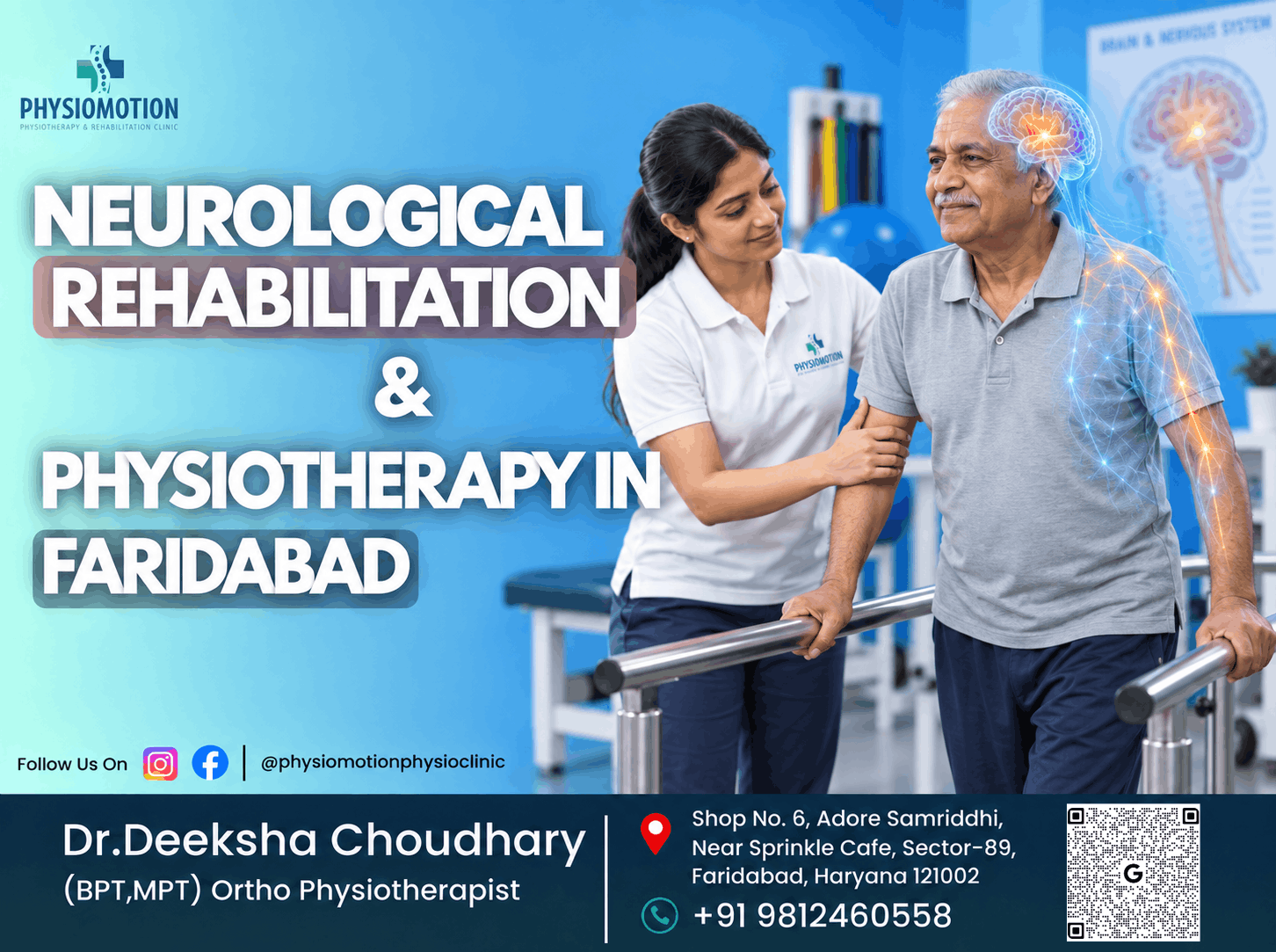 Physiotherapist assisting a senior man with walking and balance during neurological rehabilitation at PHYSIOMOTION in Faridabad