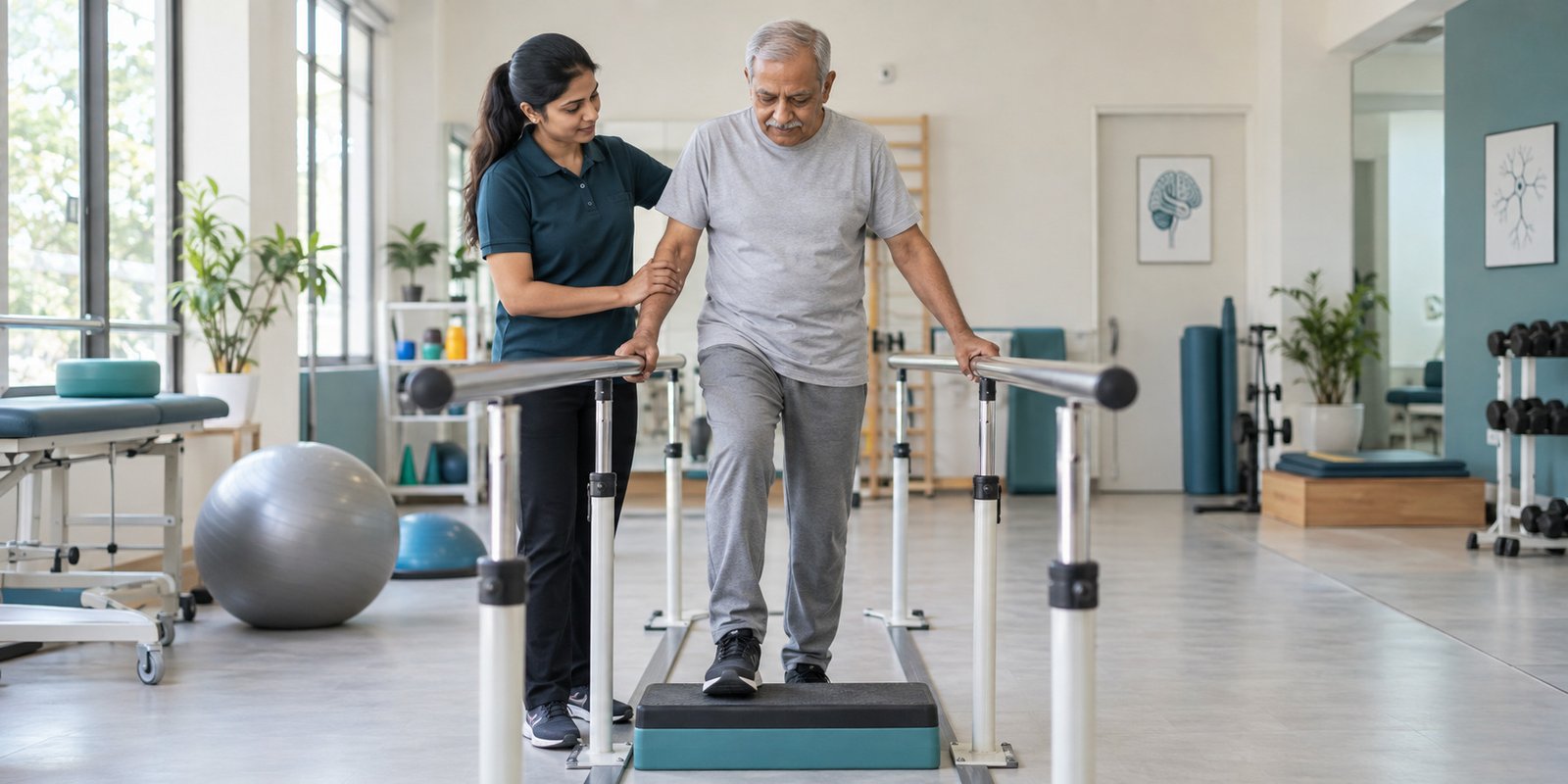 Physiotherapist assisting a senior man with step and balance training during neurological rehabilitation in Faridabad