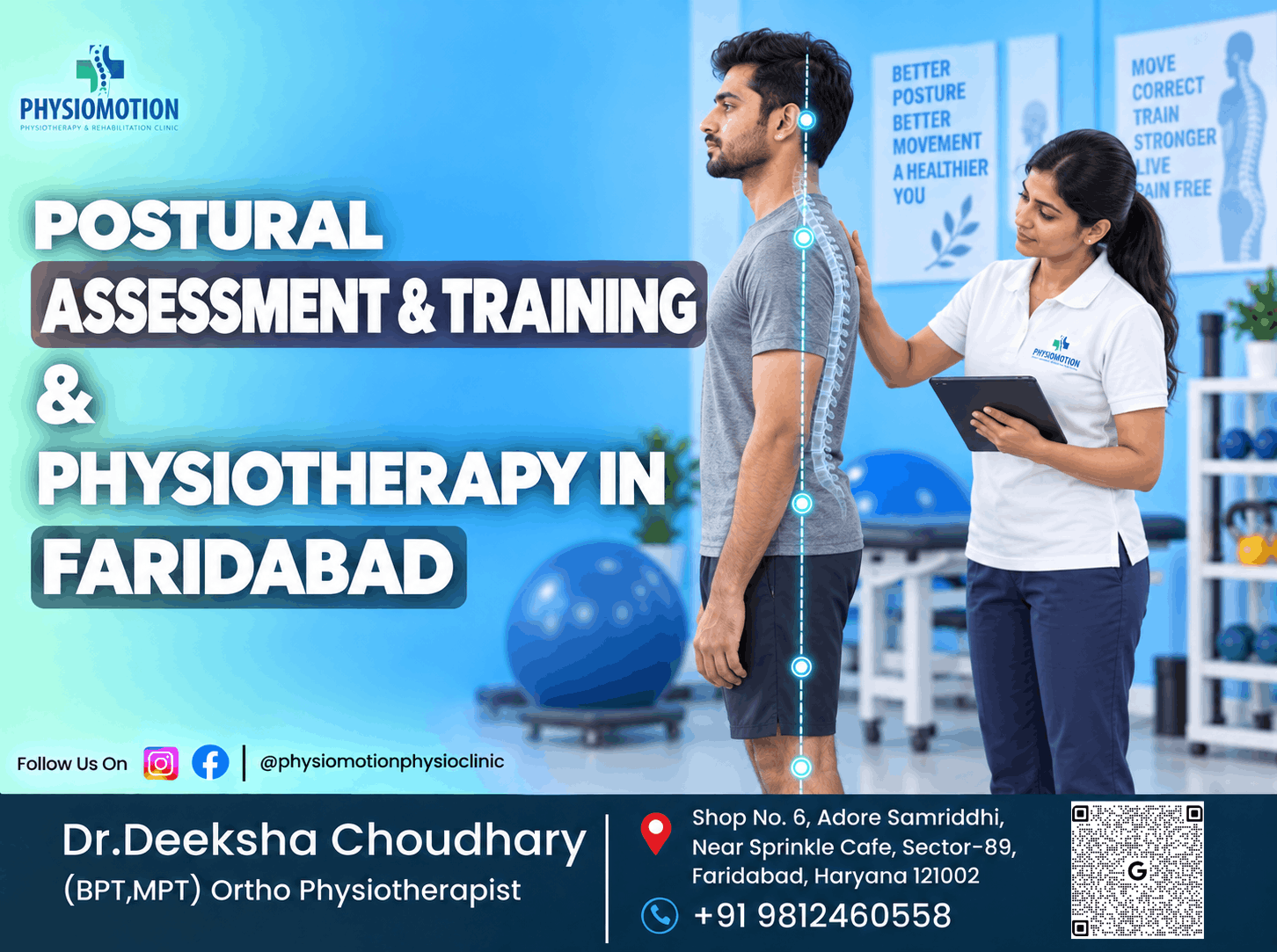 Physiotherapist assessing a patient’s spinal alignment during postural assessment and training at PHYSIOMOTION in Faridabad