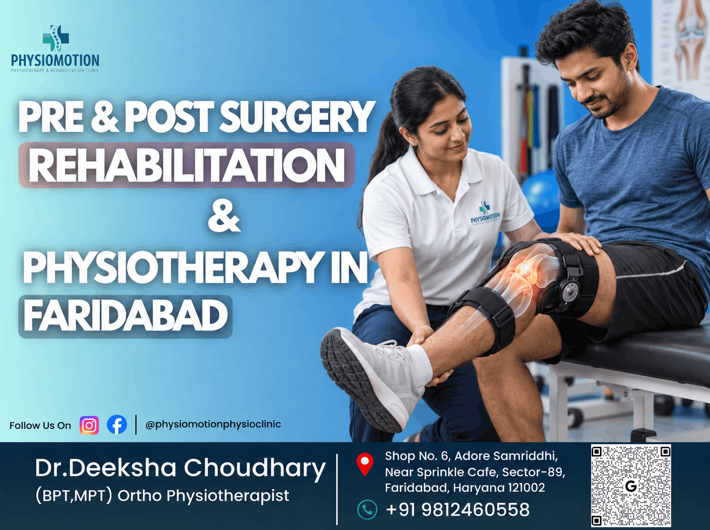 Physiotherapist assisting a patient with knee rehabilitation before or after surgery at PHYSIOMOTION in Faridabad