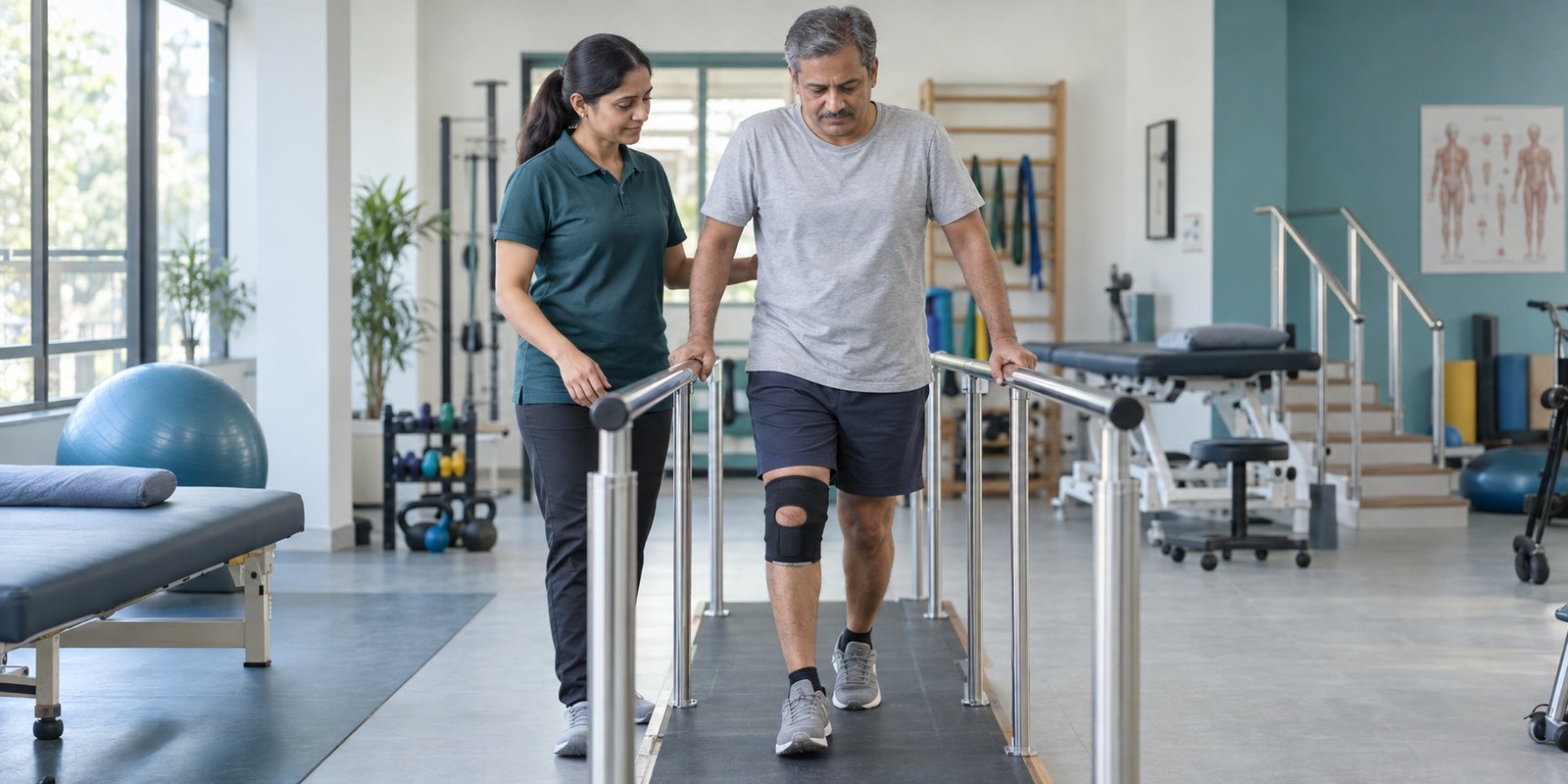 Physiotherapist assisting a man with walking and balance training during knee rehabilitation in Faridabad