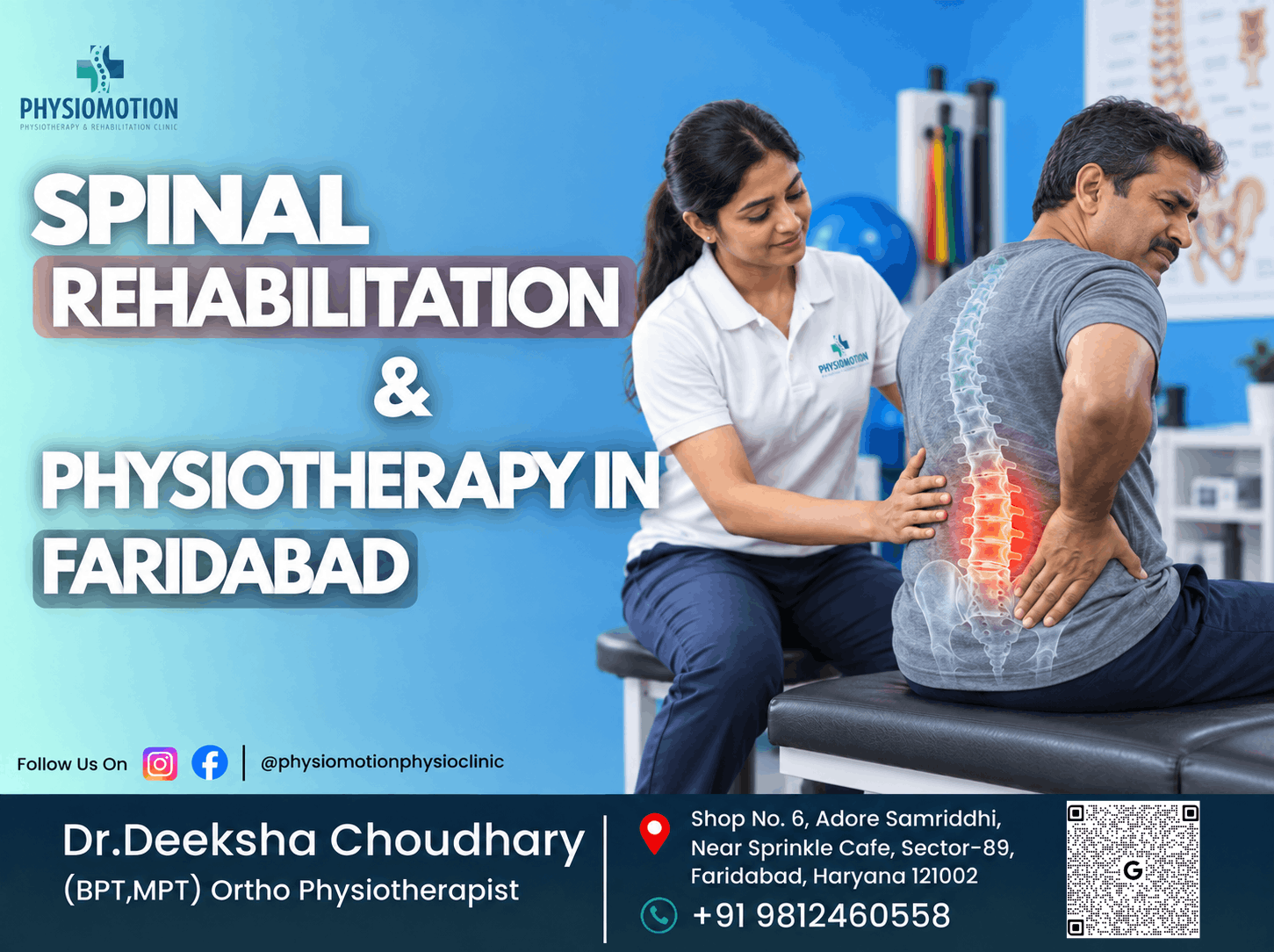 Physiotherapist assessing a man with lower back pain during spinal rehabilitation at PHYSIOMOTION in Faridabad