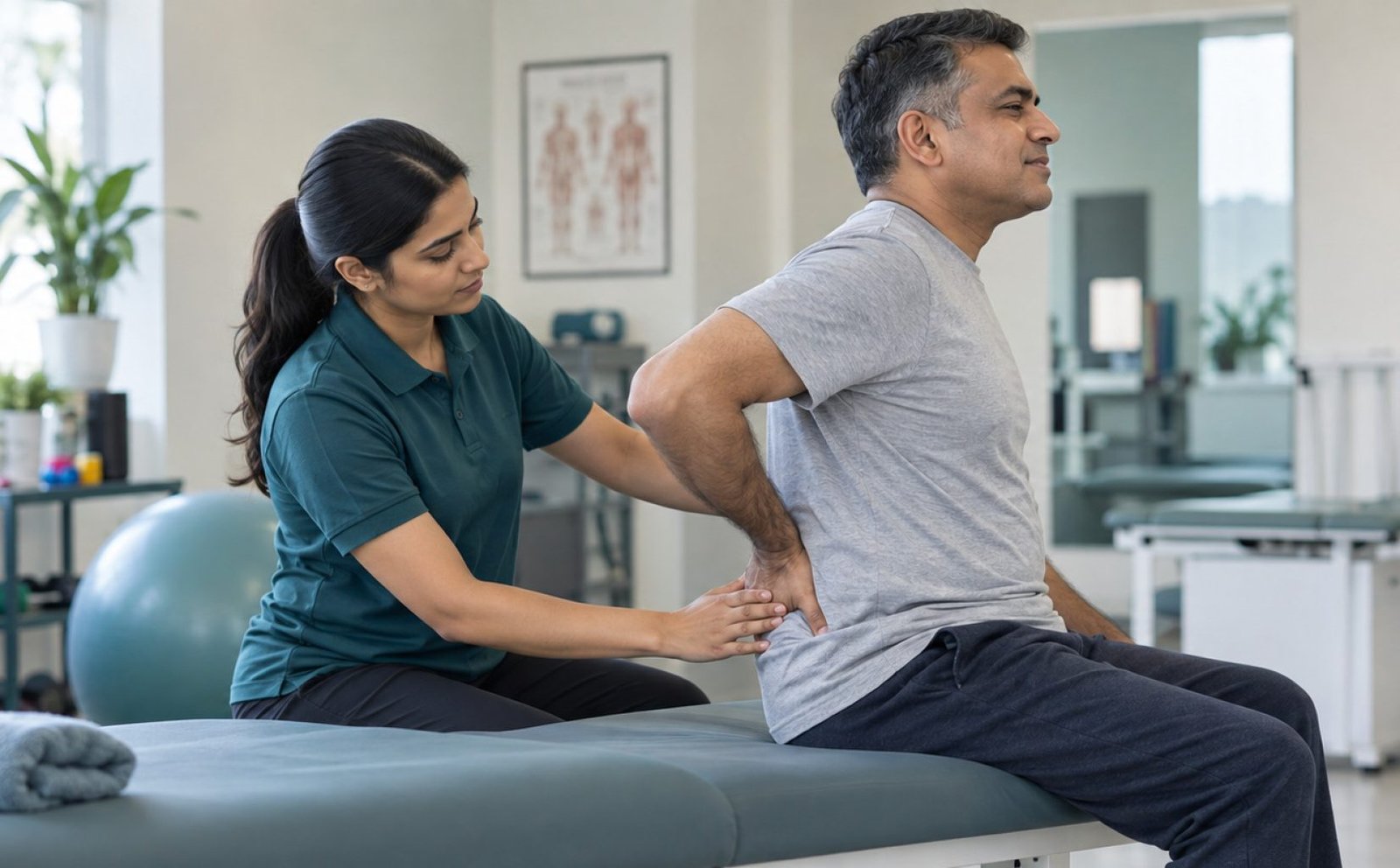 Lower Back Pain Physiotherapy at PHYSIOMOTION Faridabad Physiotherapist assessing a man with lower back pain during physiotherapy treatment in Faridabad