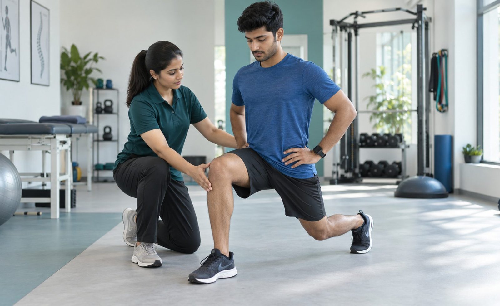 Knee Rehabilitation Physiotherapy at PHYSIOMOTION Faridabad Physiotherapist guiding a young man through a knee rehabilitation exercise at a physiotherapy clinic in Faridabad